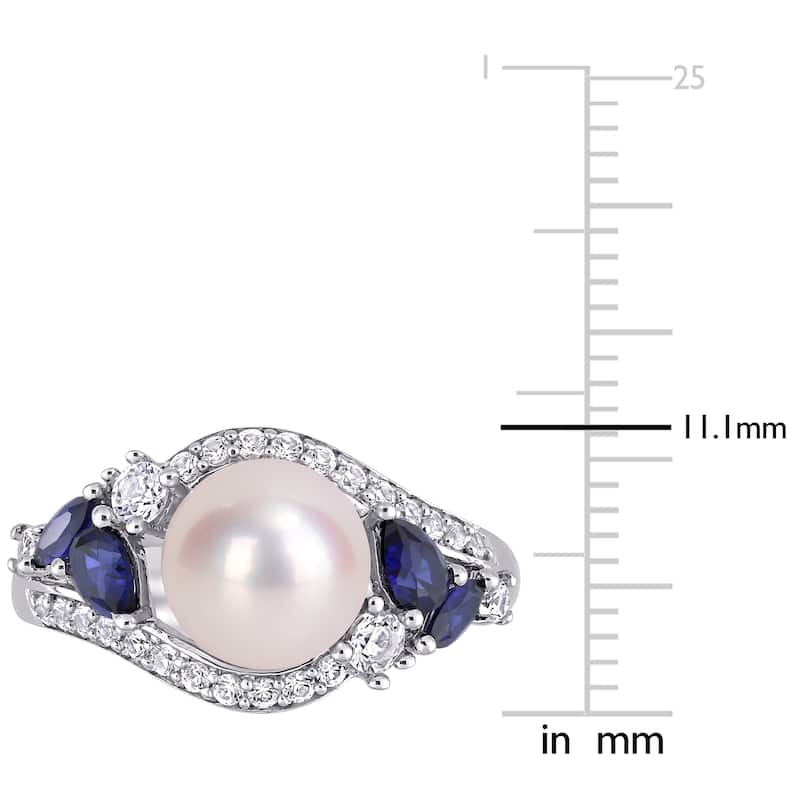 Miadora 10k White Gold Cultured FW Pearl with Created Blue & White Sapphire Pearl Ring (8-8.5mm)