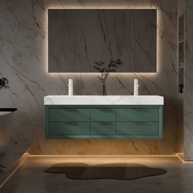 Modland 60" Modern Floating Bathroom Vanity with Double Sink, Soft-Close Drawers, White Stone Countertop