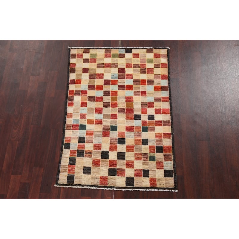 Checkered Gabbeh Kashkoli Oriental Area Rug Hand-knotted Wool Carpet - 3'4" x 4'10"