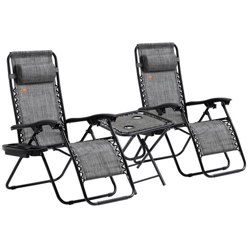 Outdoor Zero Gravity Chairs with Side Table, Set of 2 Folding Reclining Chairs with Cupholders & Pillows - Grey