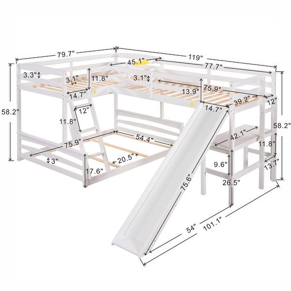 White Twin over Full Bunk Bed with Twin Size Loft Bed with Desk and Slide, Full-Length Guardrail