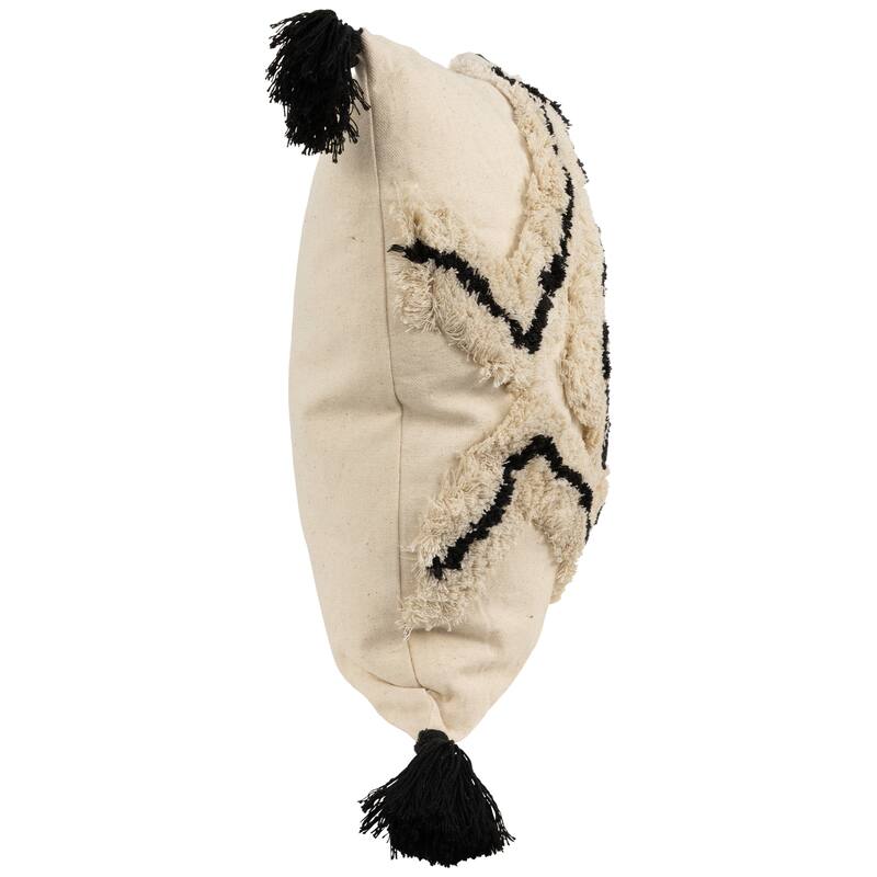 15" Beige and Black Boho Cotton Square Throw Pillow with Tassels