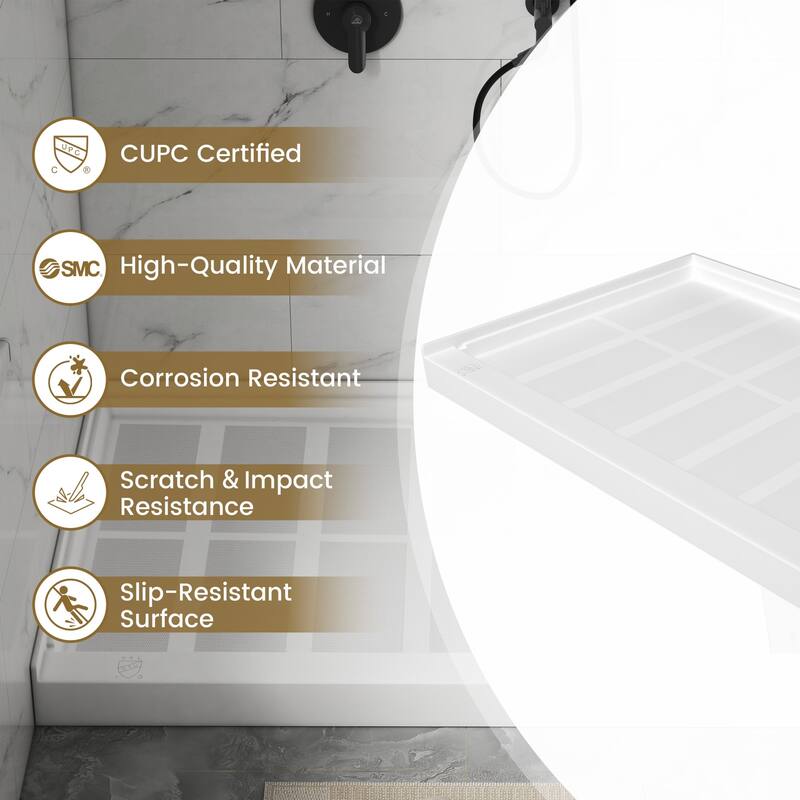 SMC Alcove Single Threshold Shower Pan Base, S/S Drain Cover Included, cUPC Certified, Slip-Resistant