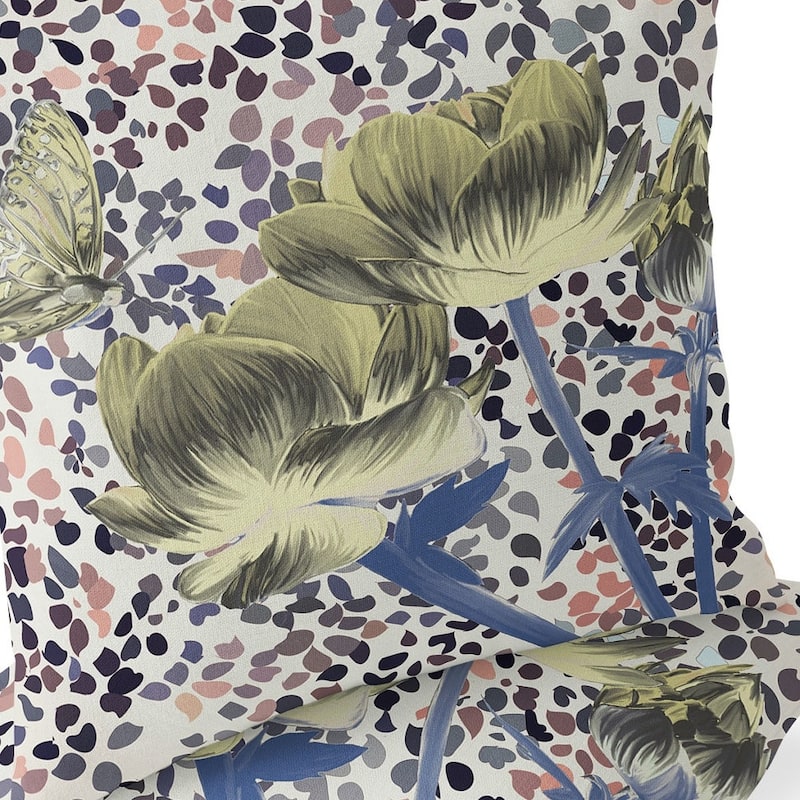 HomeRoots Set of Two 16" X 16" Blue and Yellow Butterfly Blown Seam Floral Indoor Outdoor Throw Pillow