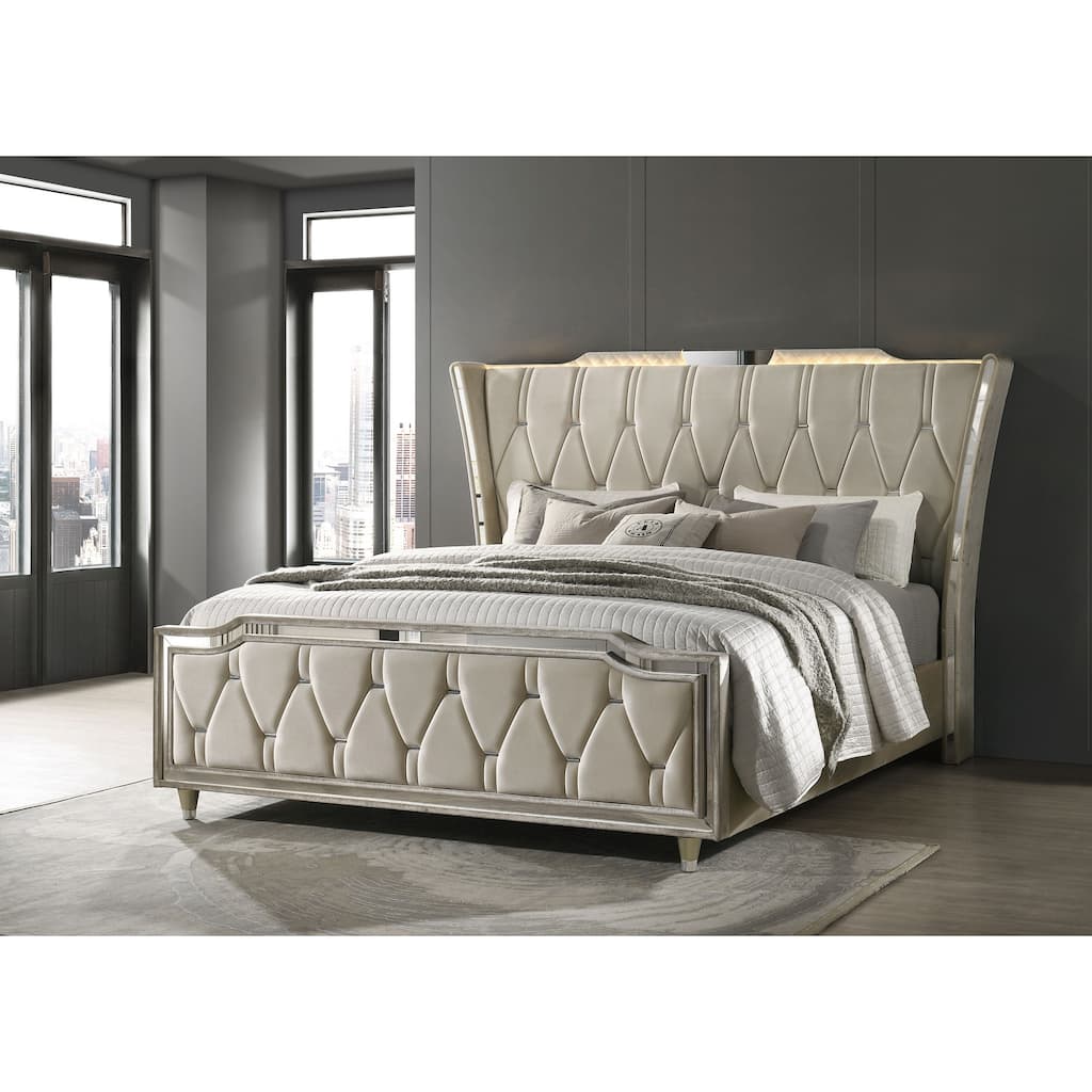 Lorient LED Upholstered Wingback Bed Ivory and Camel