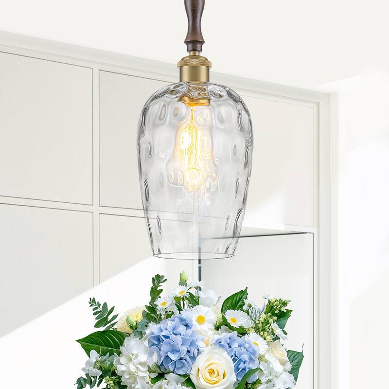 Modern 1-Light Brass Pendant Hammered Glass Shade Kitchen Lighting - Dia.6-in - Dia.6-in