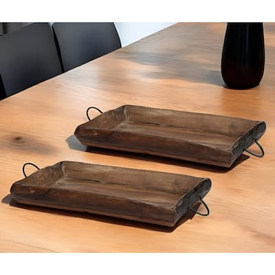 HomeRoots Set of Two Brown Rectangular Wood Indoor Outdoor Serving Tray With Handles