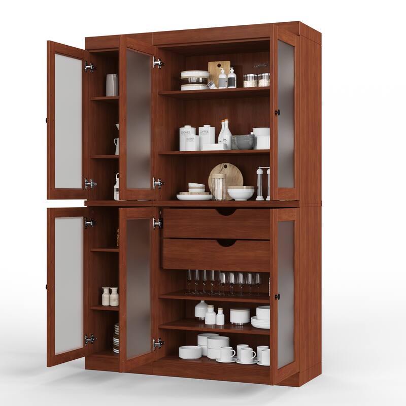 100% Solid Wood 48.5" Pantry Cabinet with Frosted Glass Doors and 2-Drawers