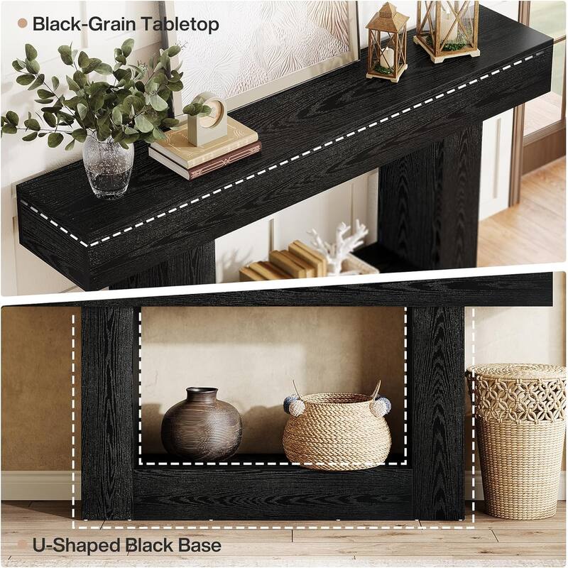 63 Inches Brown/ Dark Gray Wooden Console Table, Farmhouse Long Entryway Table with Storage for Living Room
