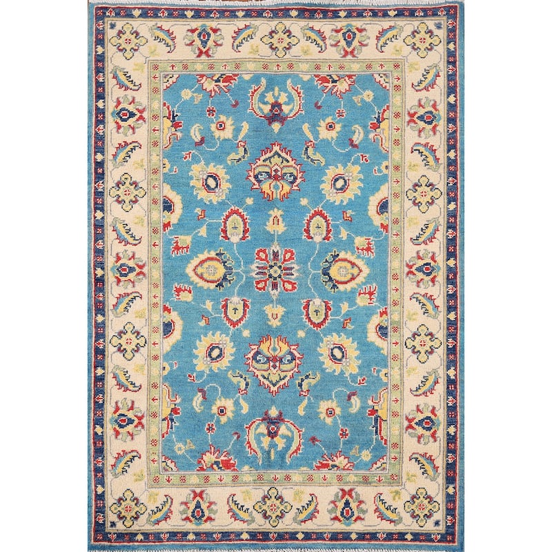 Light Blue Kazak Traditional Accent Rug Hand-Knotted Wool Carpet - 3'5" x 4'11"