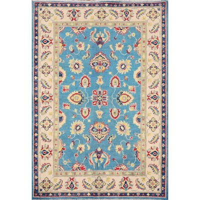 Light Blue Kazak Traditional Accent Rug Hand-Knotted Wool Carpet - 3'5" x 4'11"