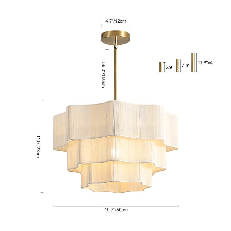 Woven Ivory String 3-Tier Round Lantern Chandelier 19.7in Brass