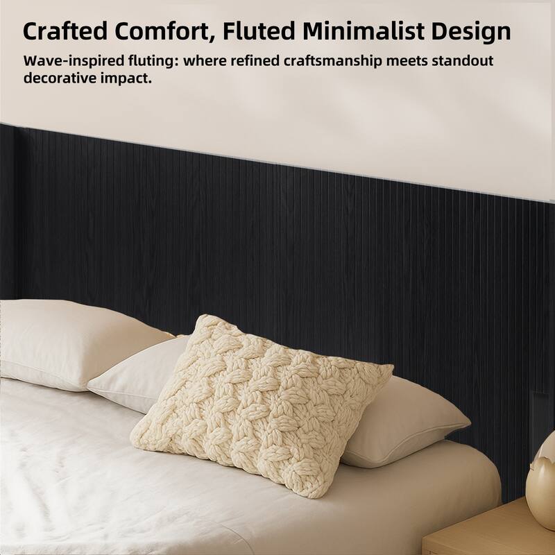 King Size Wood Headboard, Modern Farmhouse Design, Wall Mounted Fluted Panel, Black Oak Finish