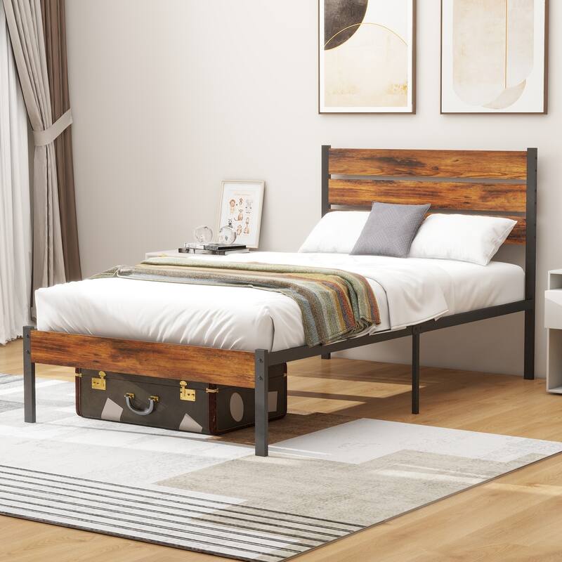 Wood Platform Bed Wood Bed Frame with Headboard, No Box Spring Needed