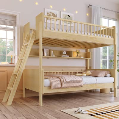 Twin Over Twin Wood Bunk Bed with 3 Storage Shelves, Reversible Ladder