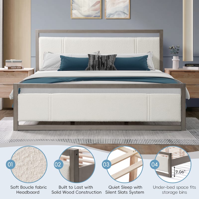 Christopher Knight Home Solid wood Frame Platform Bed with Ivory Boucle Fabric Headboard