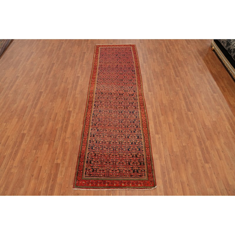Hand Knotted Oriental 100% Wool Carpet Traditional Geometric Oranges & Rust Malayer Runner Rug - 12' 3'' X 3' 7''