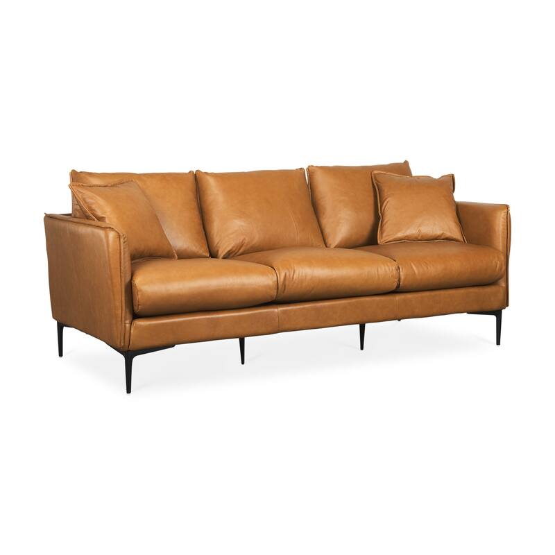 HomeRoots 86" Tan Leather Sofa And Toss Pillows With Black Legs