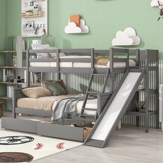 Grey Twin over Full Pine Wood Bunk Bed with 2 Drawers, Slide, Shelves, Convertible to Two Beds