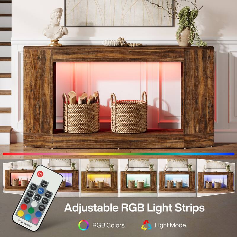  63" Light Wood Console Table with LED & Outlet, Sofa Table - Large