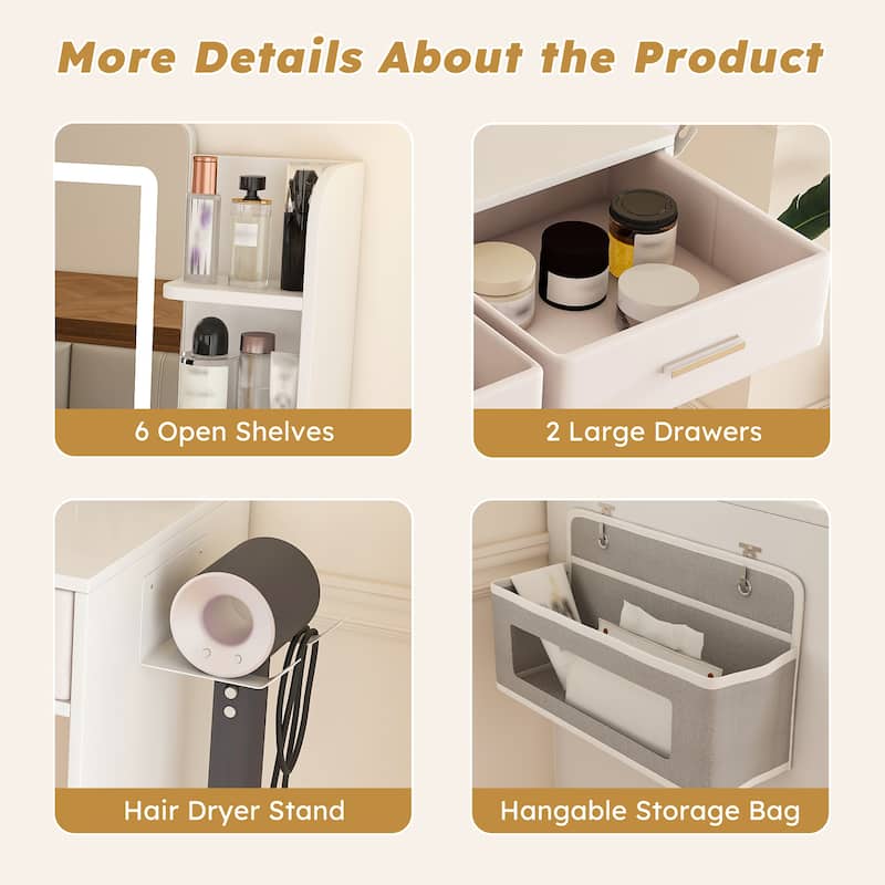 Vanity Desk with LED Light Mirror, 3-Color Adjustable Light Strips, Dressing Table with Hair Dryer Stand & 2 Large Drawers