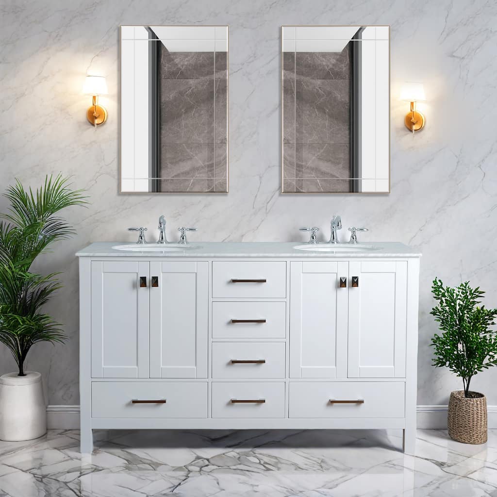 60 in. W x 22 in. D x 36 in. H White Bath Vanity with Double Sink and White Vanity Top, Ample Storage