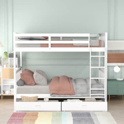 Twin Over Twin Bunk Bed Convertible 2 Platform Beds, Wooden Panel Bed with Ladder, Guardrail and 2 Drawers