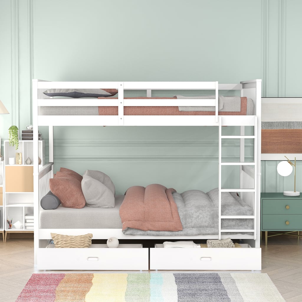 Twin Over Twin Bunk Bed Convertible 2 Platform Beds, Wooden Panel Bed with Ladder, Guardrail and 2 Drawers