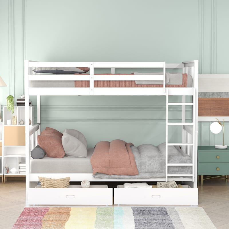 Twin-Over-Twin Bunk Bed with Two Storage Drawers, Separates into Two Beds, Sturdy Pine Wood Frame, Multiple Colors