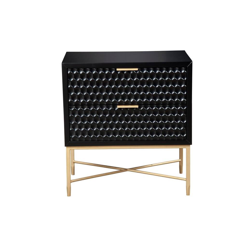 Rexi 26 Inch 2 Drawer Nightstand, Honeycomb, Mahogany Wood, Black, Gold