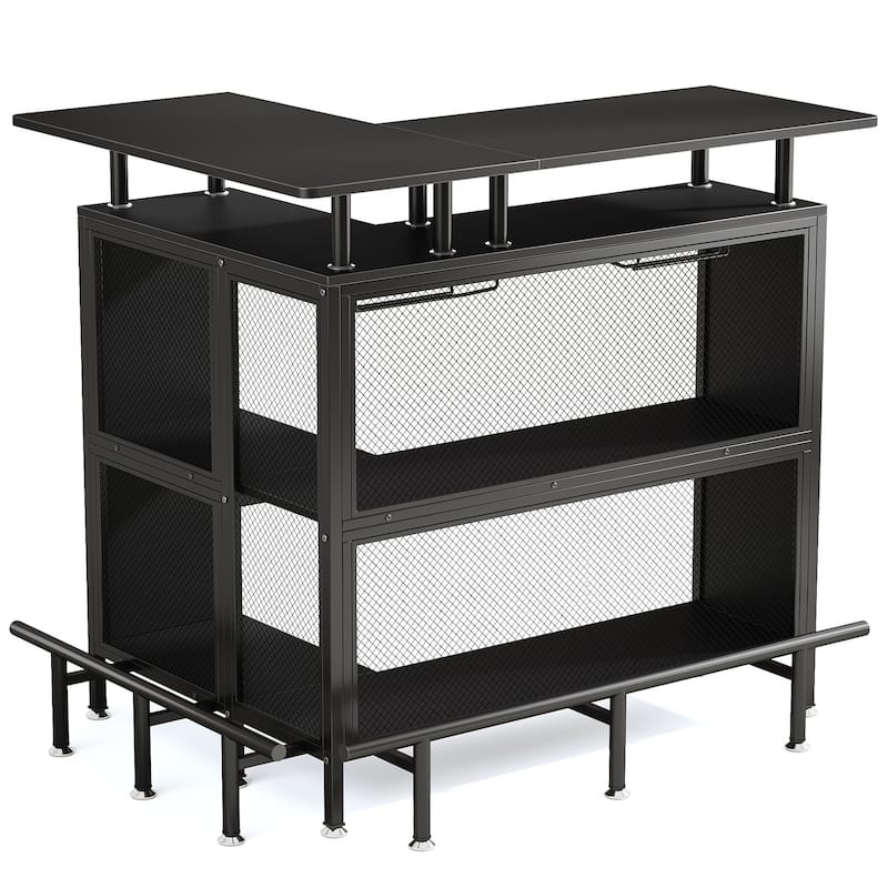 36" x 48" L-Shaped Home Bar Unit with Footrest 2-Tier Glass Shelves, Black