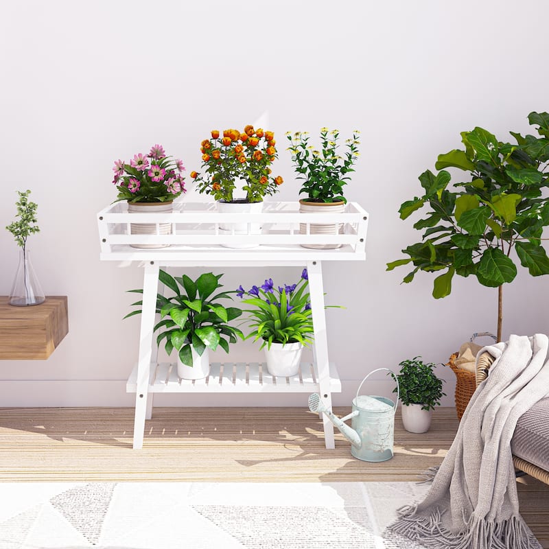 2 Tier Wood Plant Stand Flower Shelf Indoor Outdoor Narrow Table White - 29" L x 10.6" W x 27.2" H