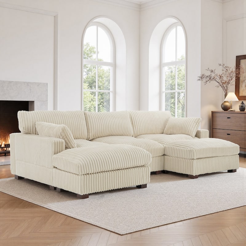 Oversied Plush Corduroy Fabric Modular Sectional Sofa with Chaise, Ottoman - Right Facing - White-4 Pieces