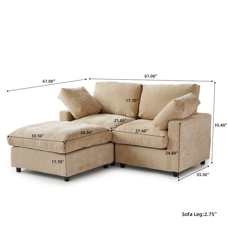 Modern Loveseat Couch with Ottoman Chenille Modular Sectional Sofa Removable Cover, Spring Cushions, Solid Wood Frame
