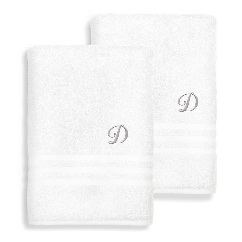Authentic Hotel and Spa Omni Turkish Cotton Terry Set of 2 White Bath Towels with Grey Script Monogrammed Initial - White/D