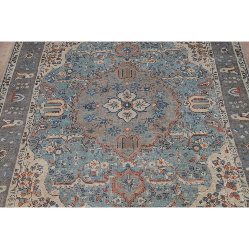 Traditional Tabriz Persian Area Rug Blue Hand-Knotted Wool Carpet - 6'5"x 9'4"