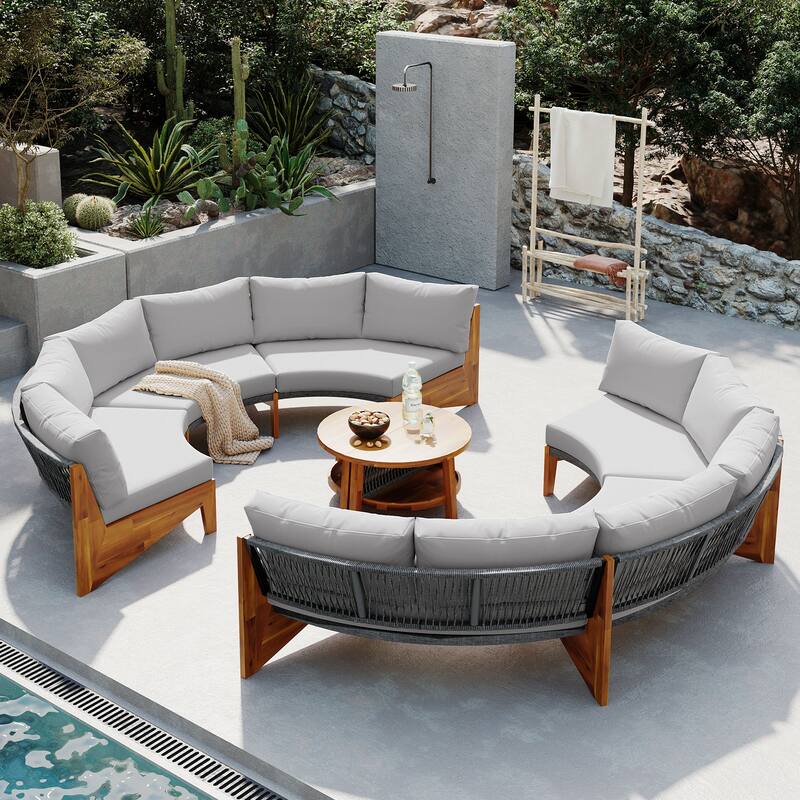 Outdoor Curved Sectional Sofa Set Half Moon Conversation Sofa Set with Acacia Wood Coffee Table and Cushions