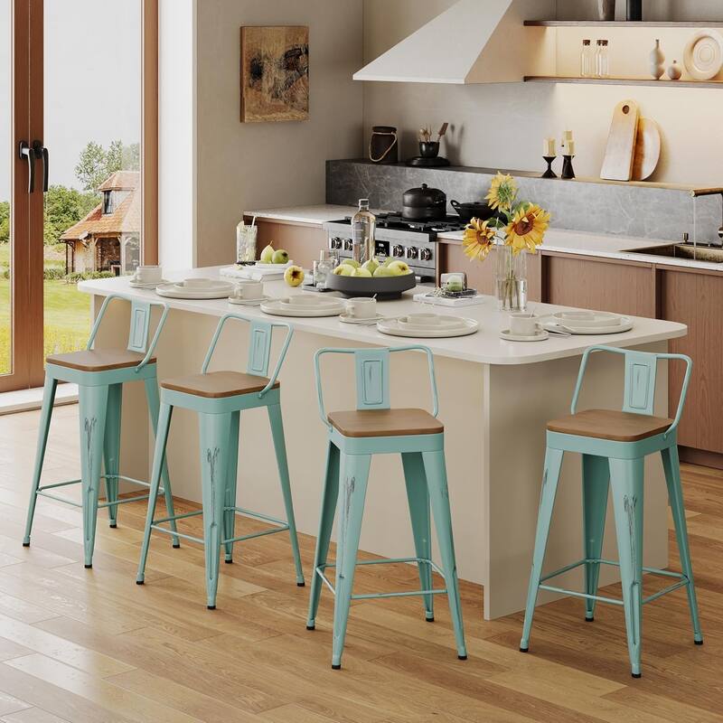 Industrial Style Counter Stools with Metal Frame 24" Kitchen Counter Height Stools with Low Back and Wooden Seat - Distressed Blue