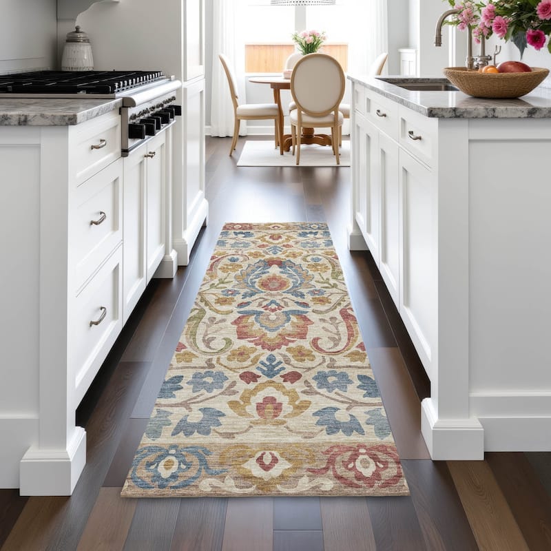 Machine Washable Indoor/Outdoor Floral Watercolor Chantille Rug