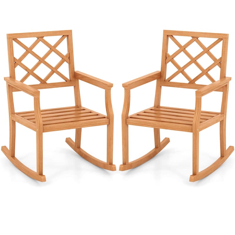 Costway 1/2 PCS Teak Wood Rocking Chair with Backrest and Slatted Seat - 2 PCS