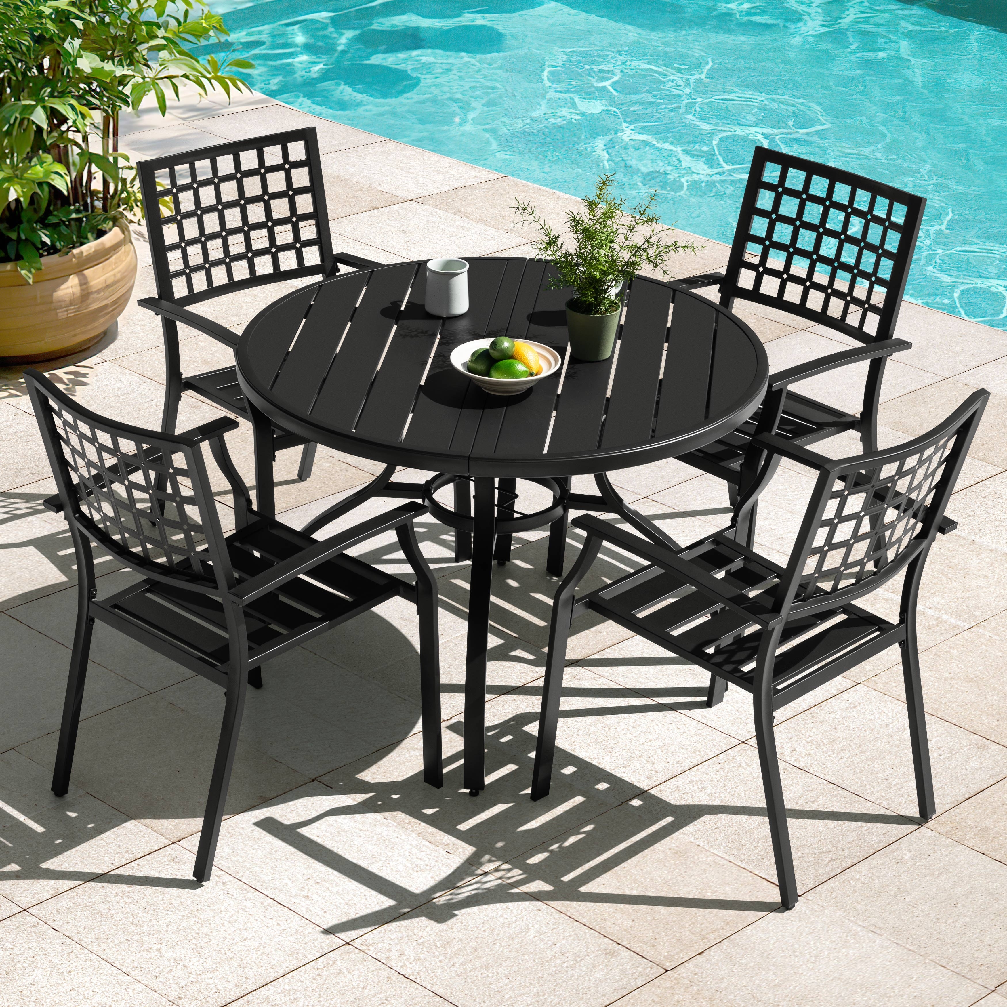 http southnext.us wrought-iron-patio-tables-with-umbrella-hole.html PHI VILLA Patio Round Table w/Umbrella Hole, Metal Table for 4, Black This dining table is a wonderful choice of your backyard 30" Modesto Square Iron Patio