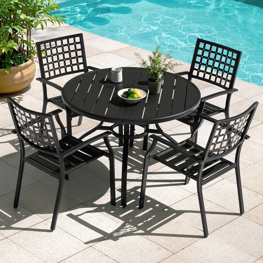 Outdoor 5-Piece Metal Patio Dining Set with Umbrella Hole, Stackable Chairs, Black