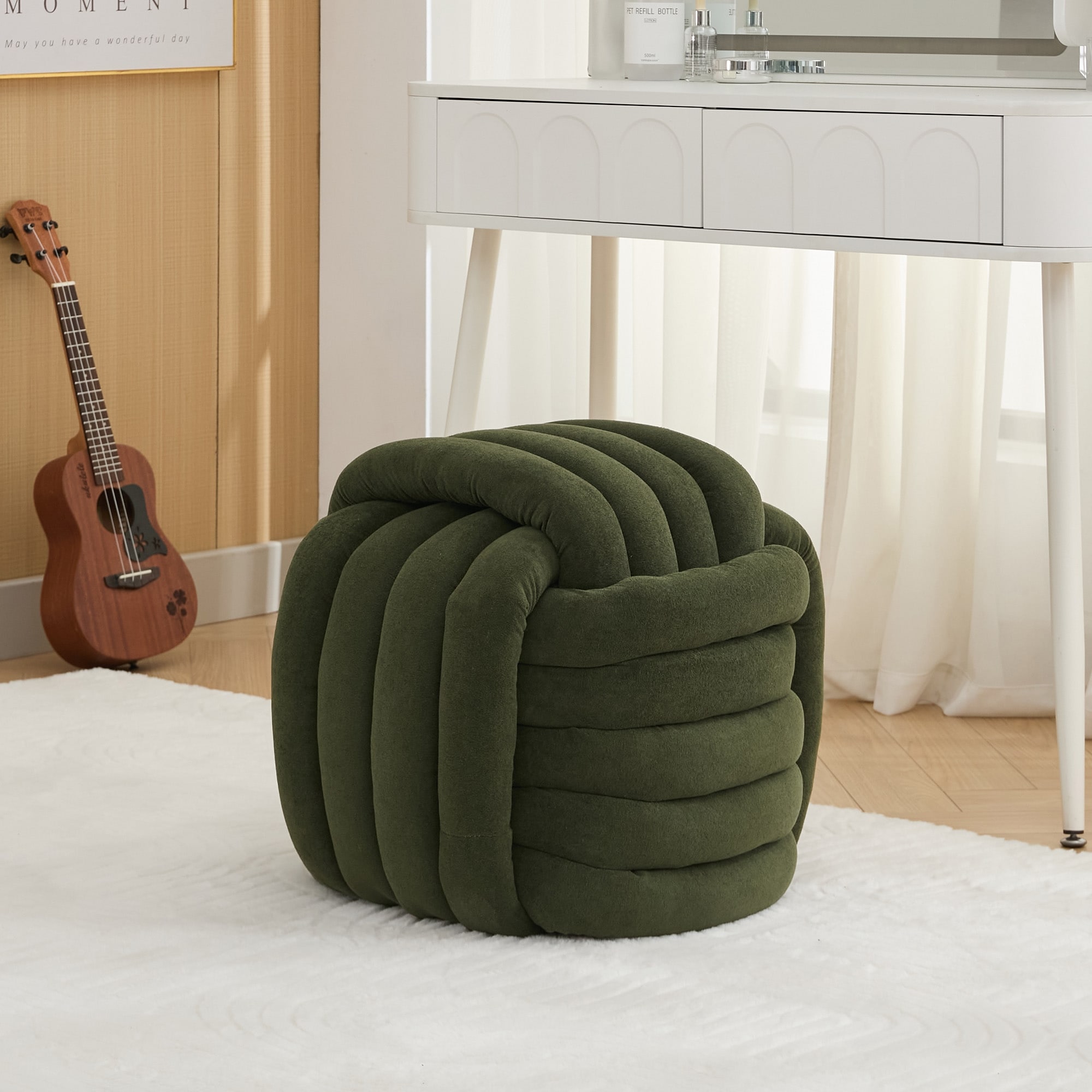 Modern Chenille Fabric Knot Design Ottoman, Makeup Stool Footstool, Comfortable and Stylish Seat