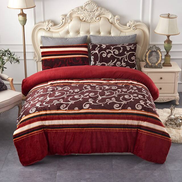 3-Piece Floral Printed Sherpa-Backing Reversible Comforter Set