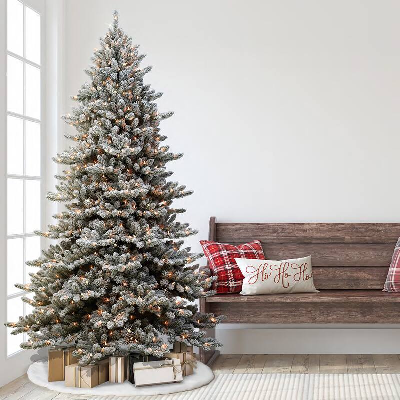 Puleo International 9 ft Pre-lit Flocked Royal Majestic Fraser Fir Artificial Christmas Tree with 800 Warm White LED Lights