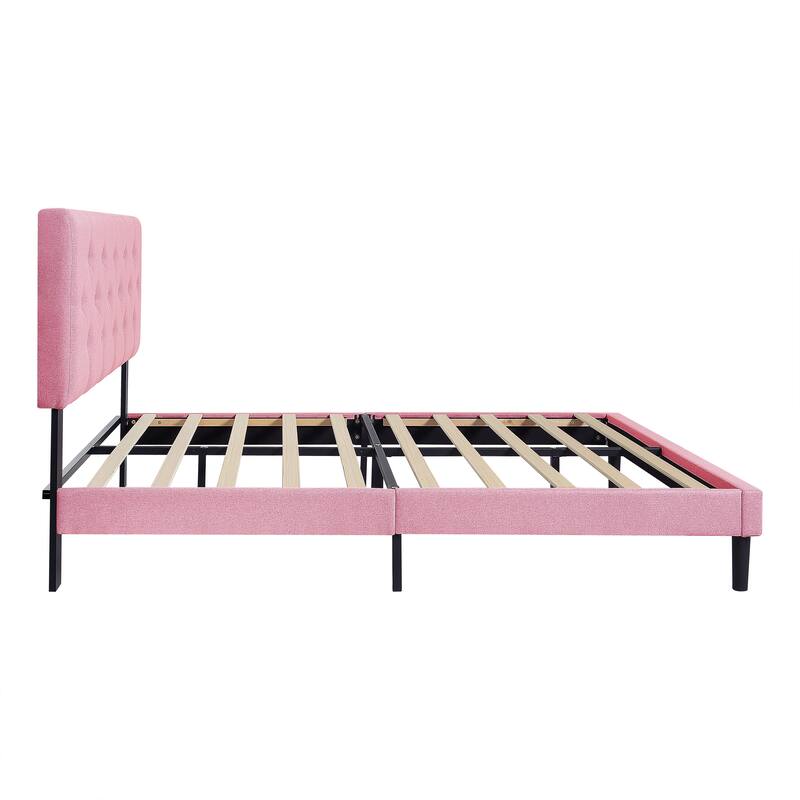 Queen Size Upholstered Platform Bed with Button Tufted Linen Headboard, No Box Spring Needed, Easy Assembly, Pink