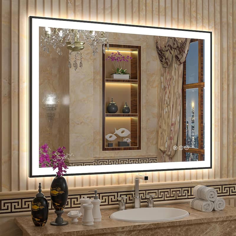 Full Size Back & Front LED Lighted Anti-Fog Tempered Glass Framed Wall Bathroom Vanity Mirror - 40" x 32"