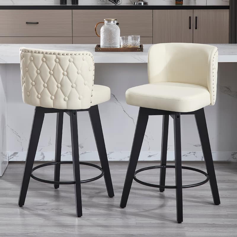 27.5" Faux Leather Upholstered Swivel Counter Height Bar Stool with Wooden Frame, Set of 1/2/3/4 - Beige - Set of 2