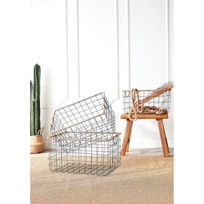 Set of Three Black Rectangular Grid Wire Baskets with Jute Rim - Fold Down Ear Handles - Black/Natural