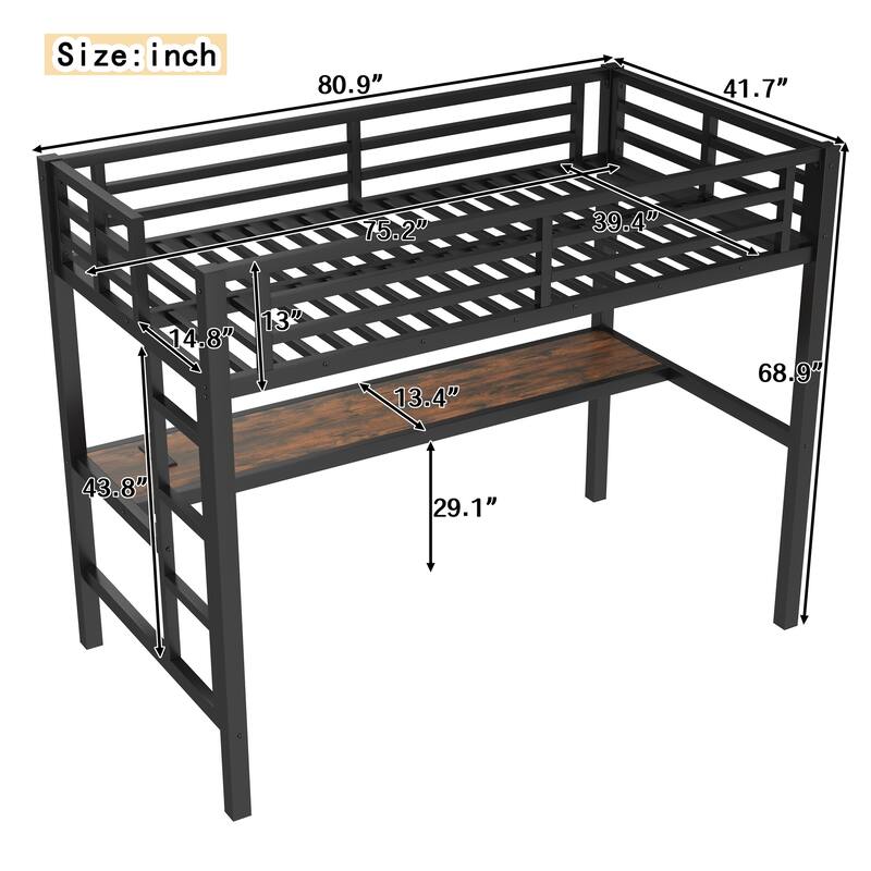 Metal Twin Size Loft Bed with Desk, LED Lights and Charging Station